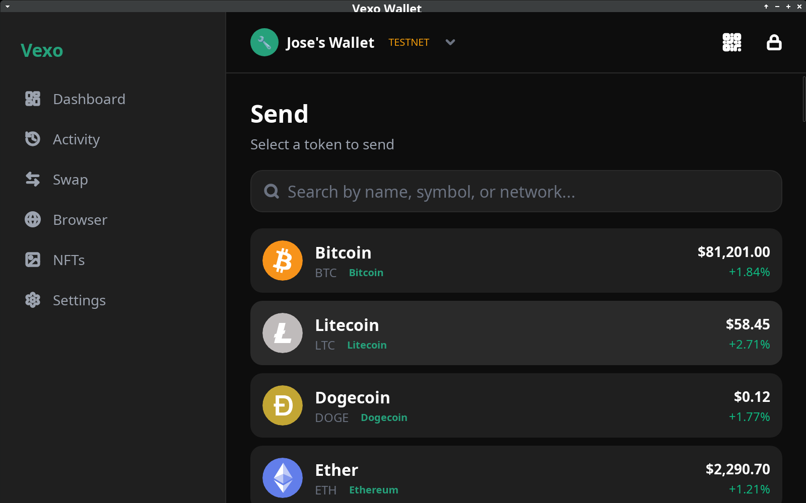 Send token selector