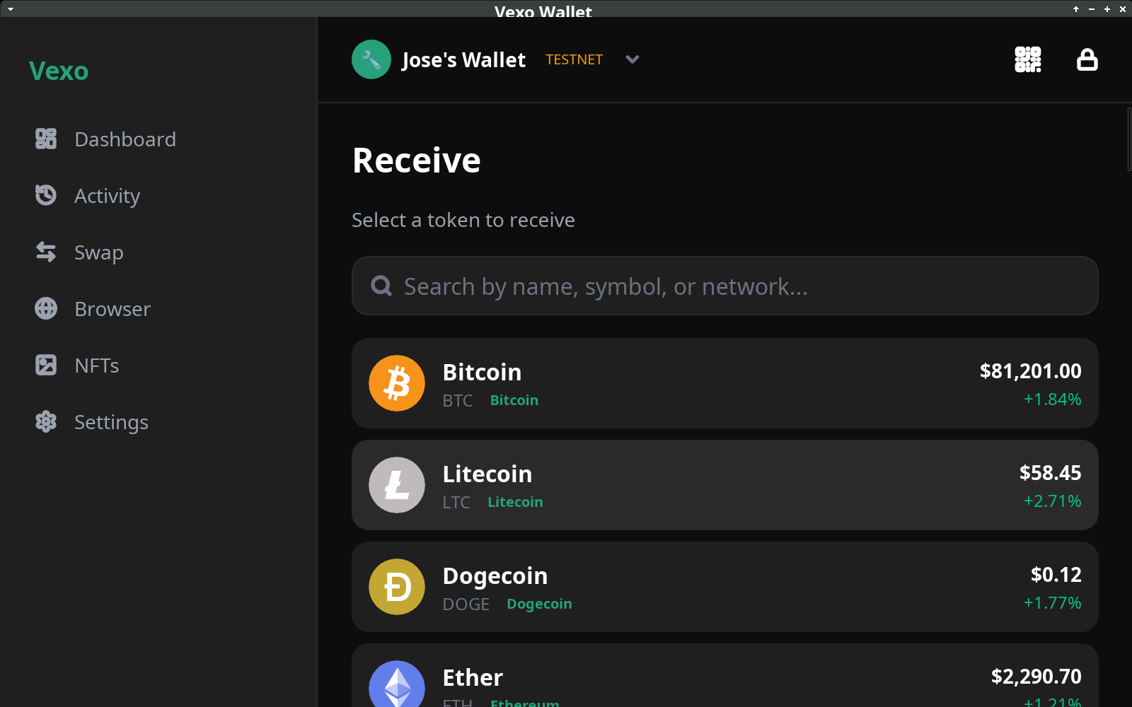 Receive token selector
